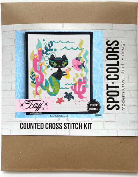 Counted cross stitch kit packaging with a cat-themed design on a white background