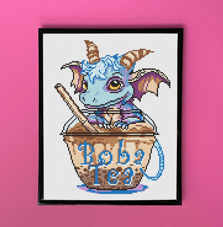 Boba Tea with George Kit by Ruth Thompson Cross Stitch DOWNLOAD Pattern