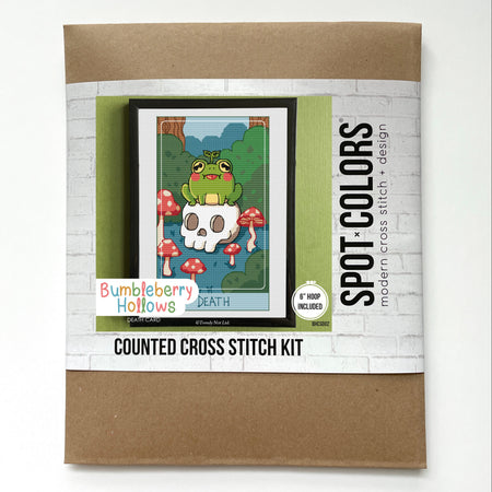 Counted cross stitch kit packaging with a cartoon frog design on a white background