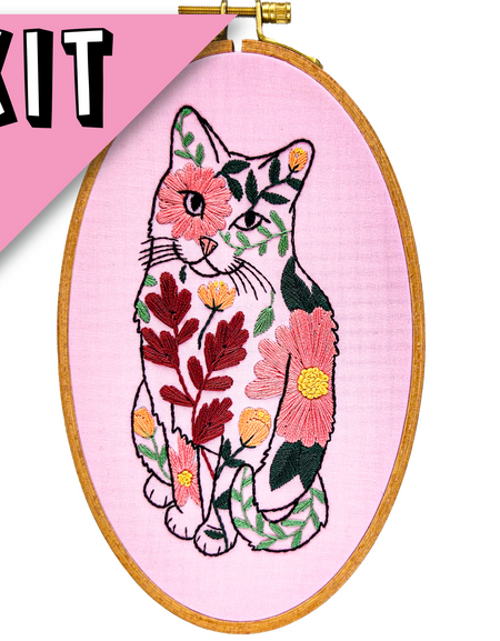 Poppy Flower Cat Embroidery Kit, 8 x 5 in.