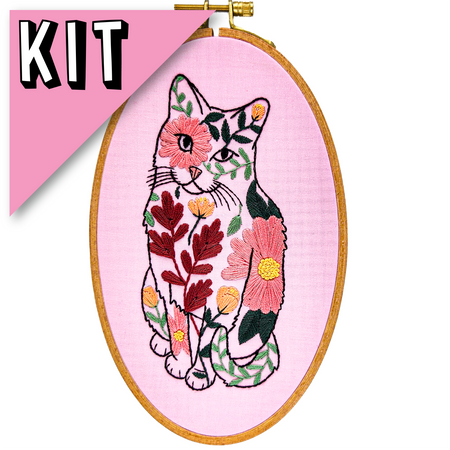 Poppy Flower Cat Embroidery Kit, 8 x 5 in.