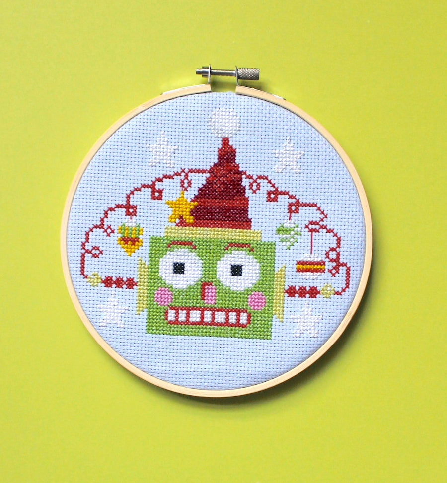 Green Christmasbot by Mary Engelbreit Counted Cross Stitch Digital Pattern