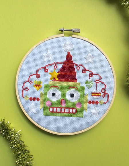 Green Christmasbot by Mary Engelbreit Counted Cross Stitch Digital Pattern