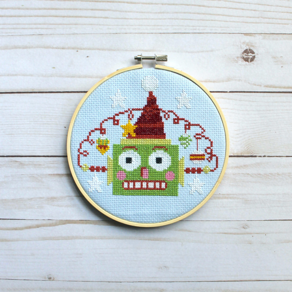 Green Christmasbot by Mary Engelbreit Counted Cross Stitch Digital Pattern