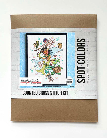 Counted cross stitch kit packaging with a mermaid design on a white background
