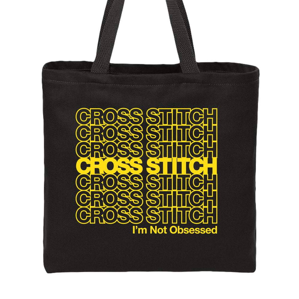 Cross Stitch Obsessed Tote Bag Black with Yellow Text