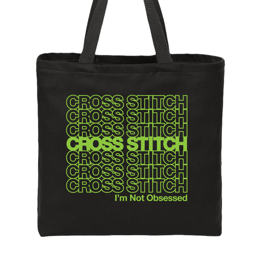 Cross Stitch Obsessed Tote Bag Black with Green Text