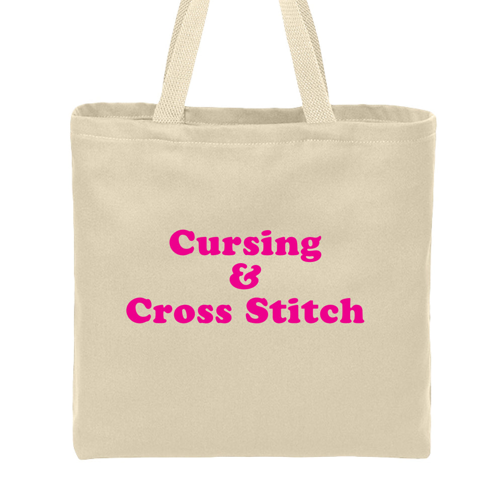 Cursing and Cross Stitch Tote Bag Natural with pink Text