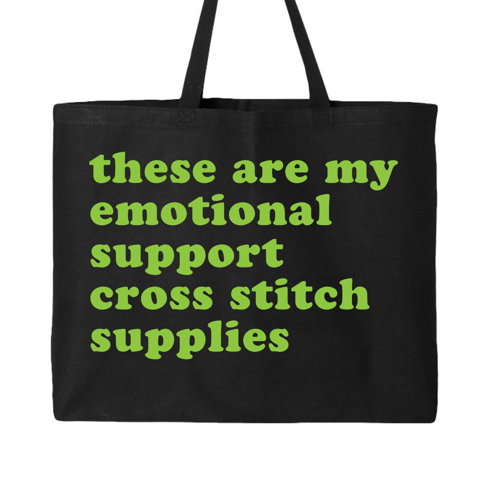 Emotional Support Cross Stitch Supplies Tote Bag Black with Green Text