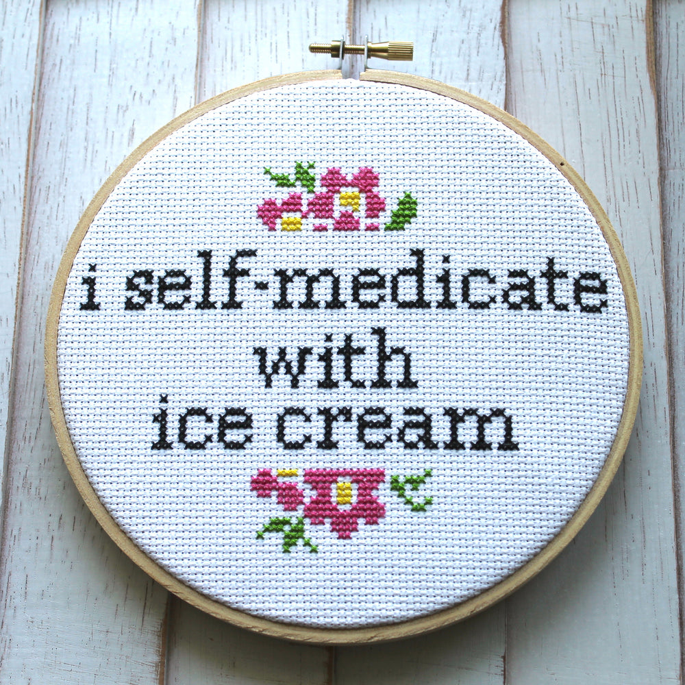 I Self-Medicate With Ice Cream Counted Cross Stitch DIY KIT Intermediate