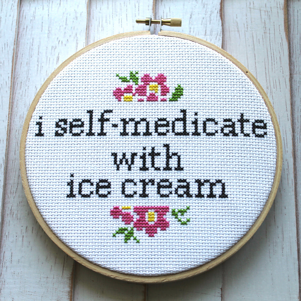 PATTERN WS I Self-Medicate With Ice Cream Counted Cross Stitch