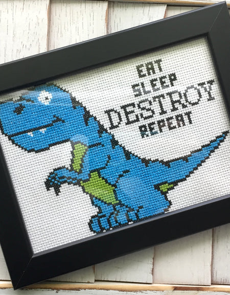 Dinosaur Destroy Counted Cross Stitch Pattern DOWNLOAD Intermediate