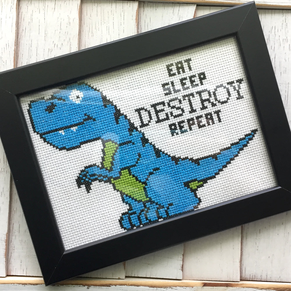 Dinosaur Destroy Counted Cross Stitch DIY KIT Intermediate